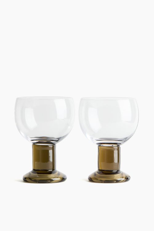 Hand-Blown Wine Glasses in Transparent/Olive Green, Set of 2