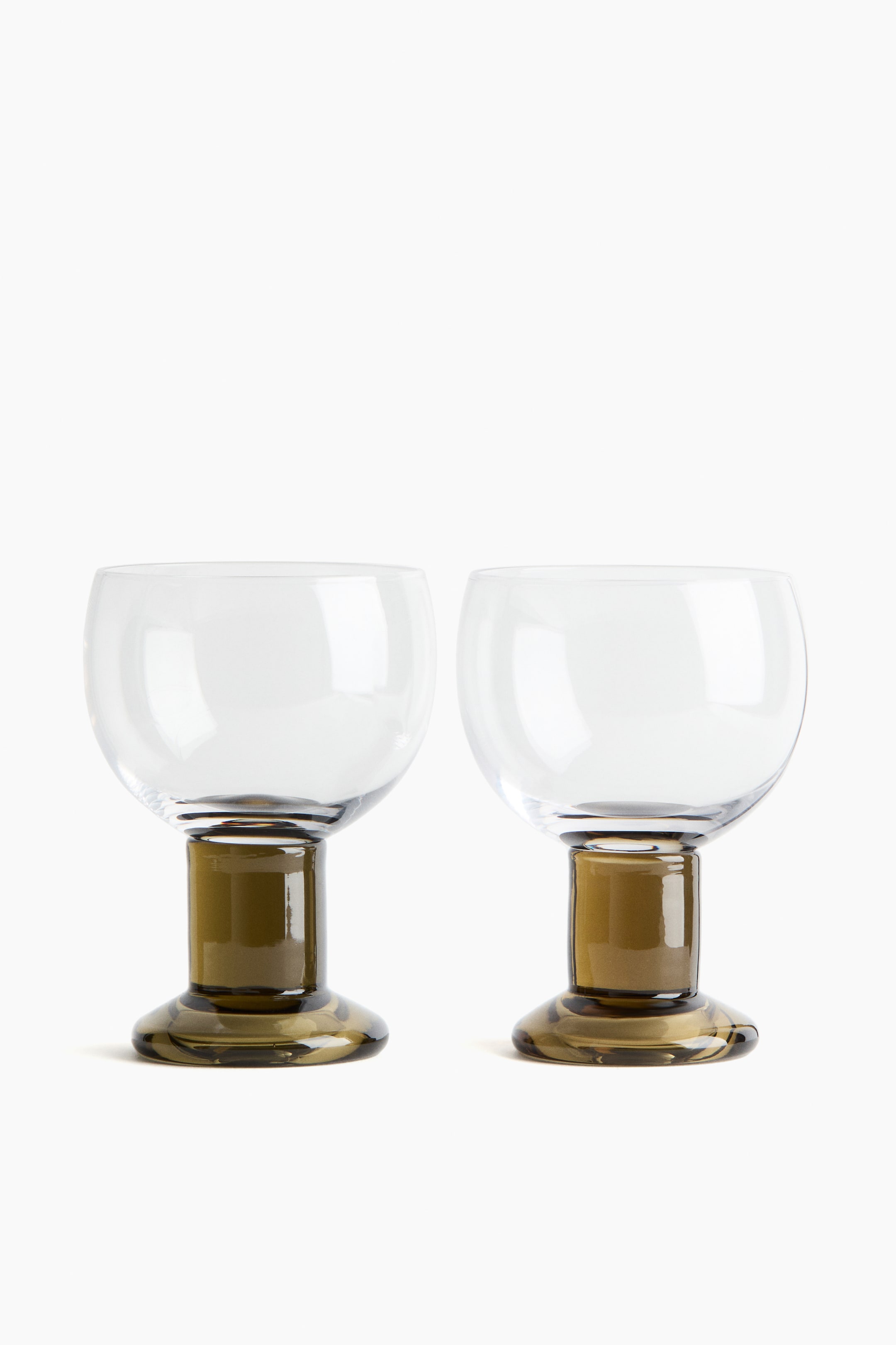 Hand-Blown Wine Glasses in Transparent/Olive Green, Set of 2