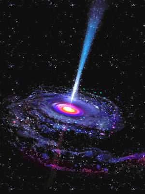 An illustration of a supermassive black hole at the center of a galaxy.