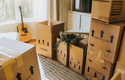 A stack of moving boxes in a sunny room.