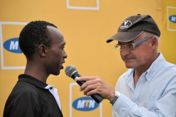 Adrien Niyonshuti is interviewed post-race.