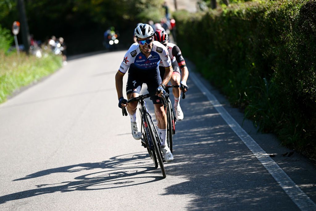 LEGNANO ITALY OCTOBER 03 Julian Alaphilippe of France and Team QuickStep Alpha Vinyl attacks in the breakaway during the 103rd Coppa Bernocchi GP BPM 2022 a 1907km one day race from Legnano to Legnano CoppaBernocchi on October 03 2022 in Legnano Italy Photo by Dario BelingheriGetty Images