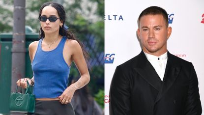 side by side photo of Zoë Kravitz in a blue dress and sunglasses and channing tatum in a black suit with a white shirt against a white backdrop; Are Channing Tatum and Zoë Kravitz dating