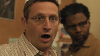 Ron with eyes and mouth wide open in The Chair Company Episode 6