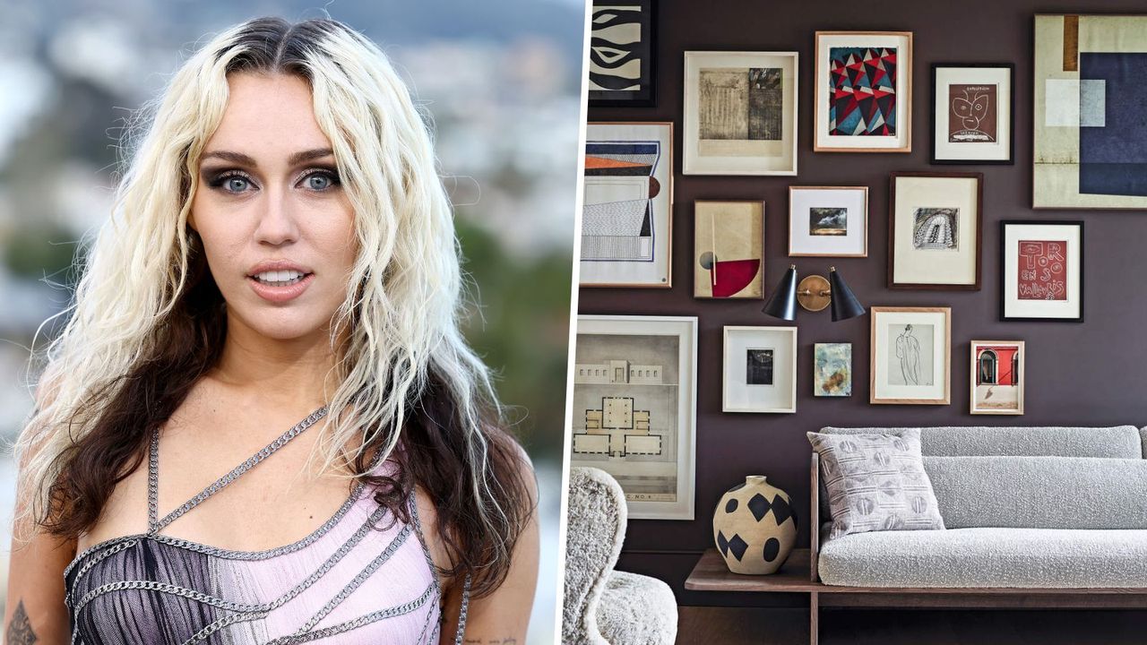 miley cyrus and a gallery wall on charcoal walls