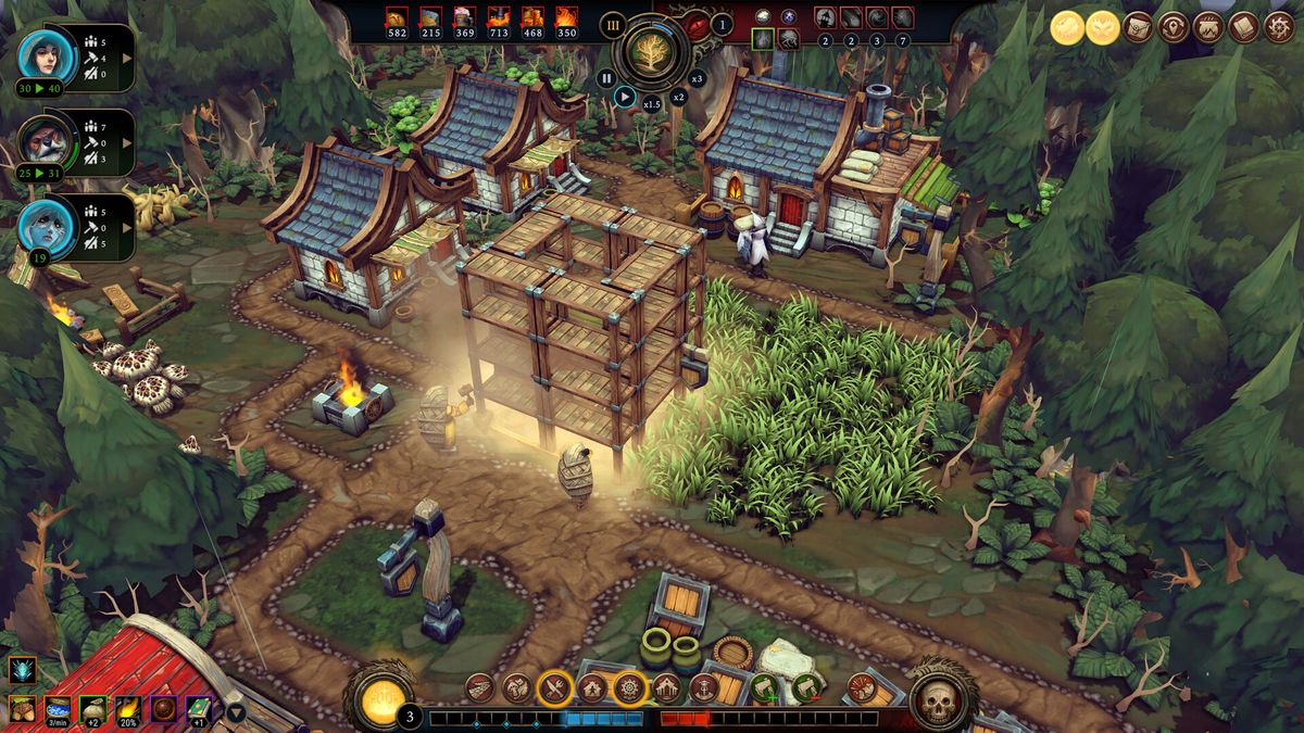 A fantasy city in a rainy world in 3D style from videogame Against the Storm
