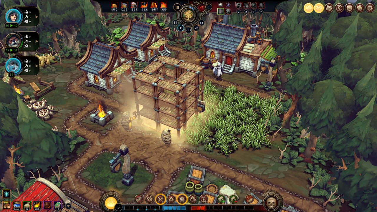 A fantasy city in a rainy world in 3D style from videogame Against the Storm