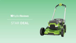 Greenworks cordless lawn mower on green background