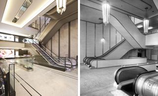 The image shows both black and white and the color photo of an escalator