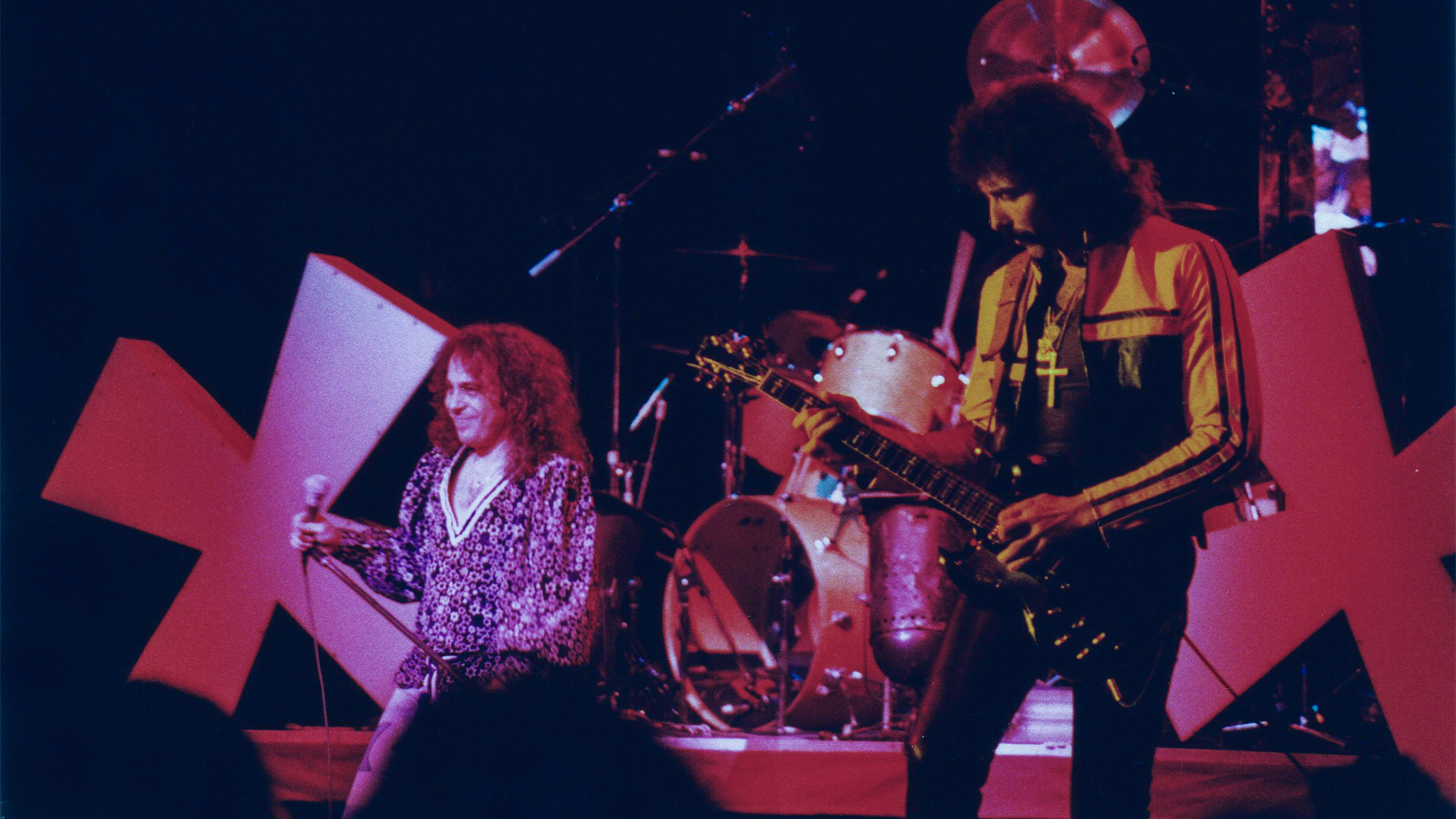 Ronnie James Dio and Tony Iommi of Black Sabbath perform on stage on the 'Heaven and Hell' tour, at Hammersmith Odeon on January 18th, 1981 in London, England.