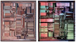 Marilou Schultz's Pentium rug side-by-side with Intel's Pentium die image.