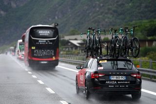 CRANSMONTANA SWITZERLAND MAY 19 Team Arka Samsic cars and bus on its way to the new start localisation during the 106th Giro dItalia 2023 Stage 13 a 75km stage from Le Chable to CransMontana Valais 1456m Stage shortened due to the adverse weather conditions UCIWT on May 19 2023 in CransMontana Switzerland Photo by Tim de WaeleGetty Images