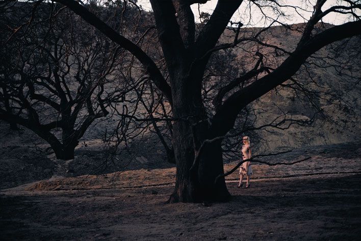 A woman in a dress standing behind a tree