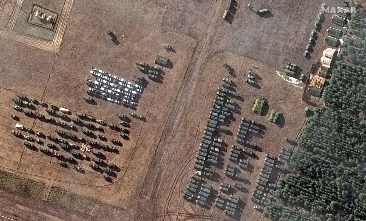 This image, snapped on Feb. 22, 2022, by Maxar&rsquo;s Worldview-3 satellite, shows a closeup of assembled vehicles at VD Bolshoy Bokov Airfield.