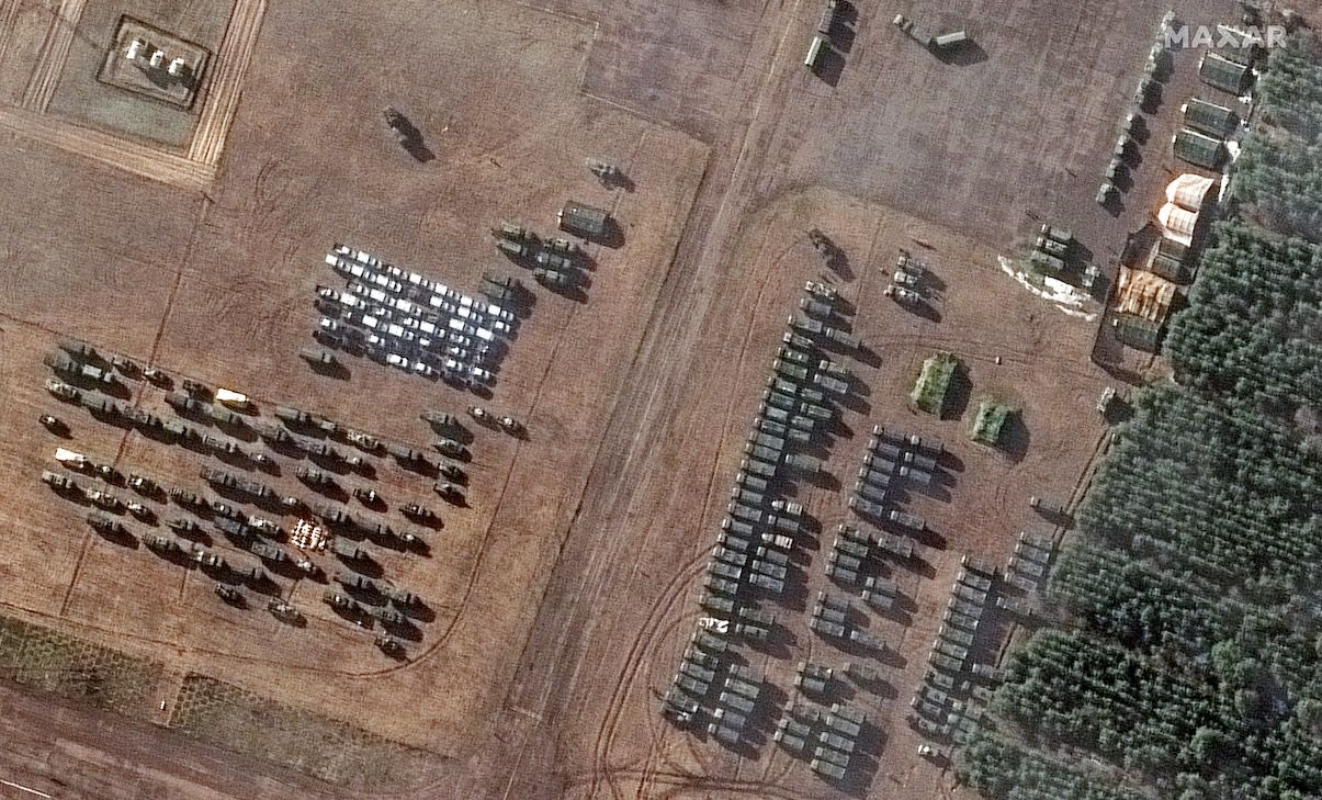 This image, snapped on Feb. 22, 2022, by Maxar&rsquo;s Worldview-3 satellite, shows a closeup of assembled vehicles at VD Bolshoy Bokov Airfield.