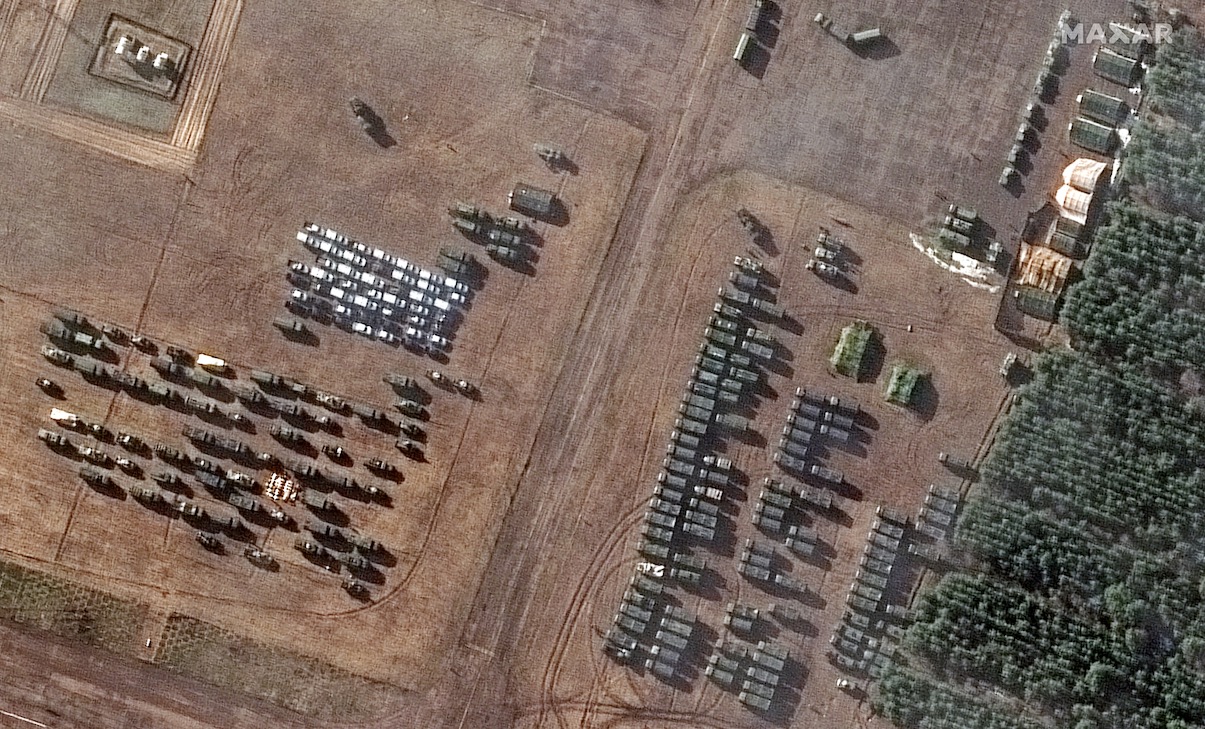 This image, snapped on Feb. 22, 2022, by Maxar’s Worldview-3 satellite, shows a closeup of assembled vehicles at VD Bolshoy Bokov Airfield.