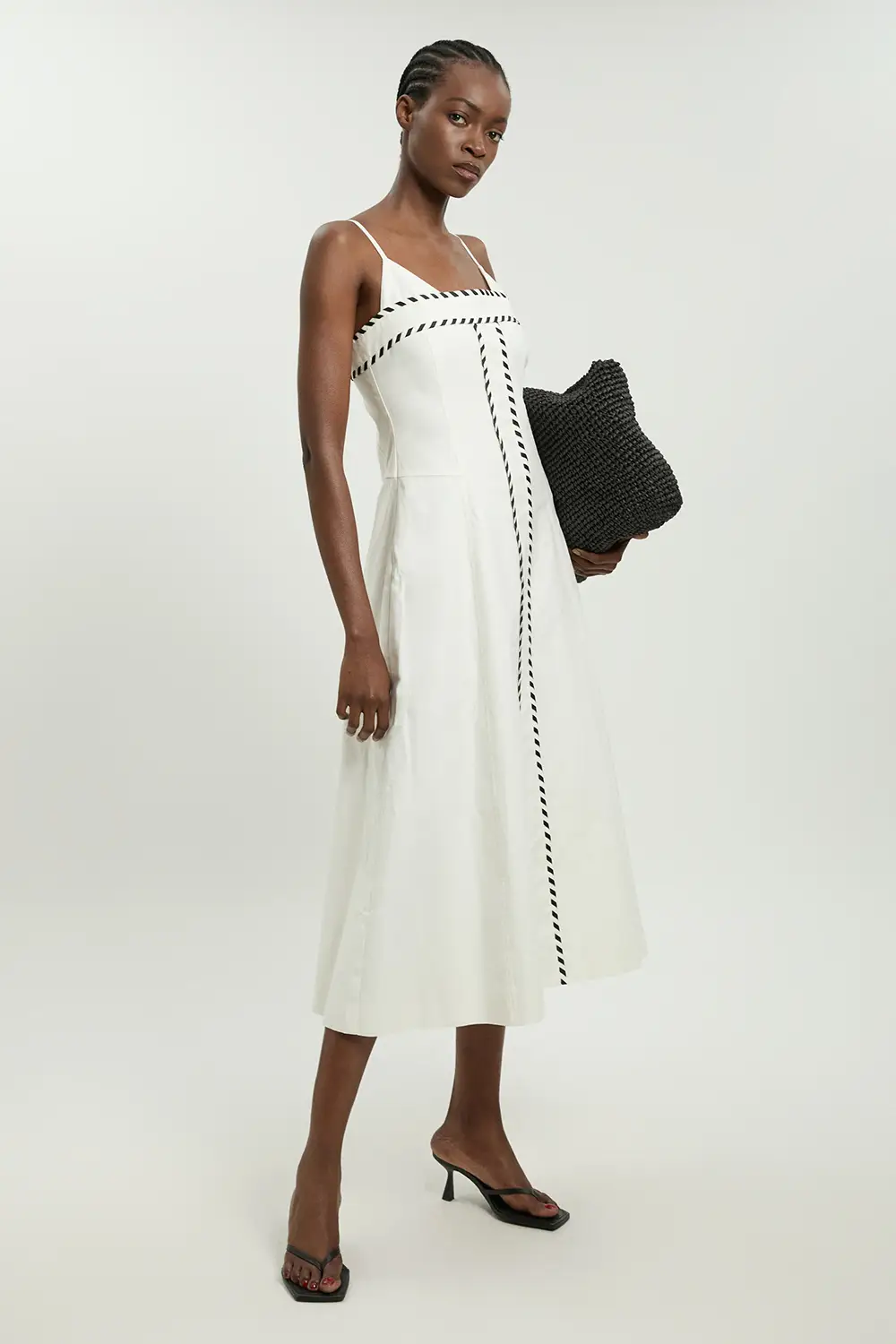 Karen Millen, Tailored Linen Blend Contrast Stitch Midi Dress
