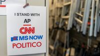 A sign in support of AP, CNN, MS NOW, and Politico near the James S. Brady Press Briefing Room of the White House in Washington, DC, US, on Monday, Sept. 21, 2026