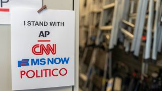 A sign in support of AP, CNN, MS NOW, and Politico near the James S. Brady Press Briefing Room of the White House in Washington, DC, US, on Monday, Sept. 21, 2026