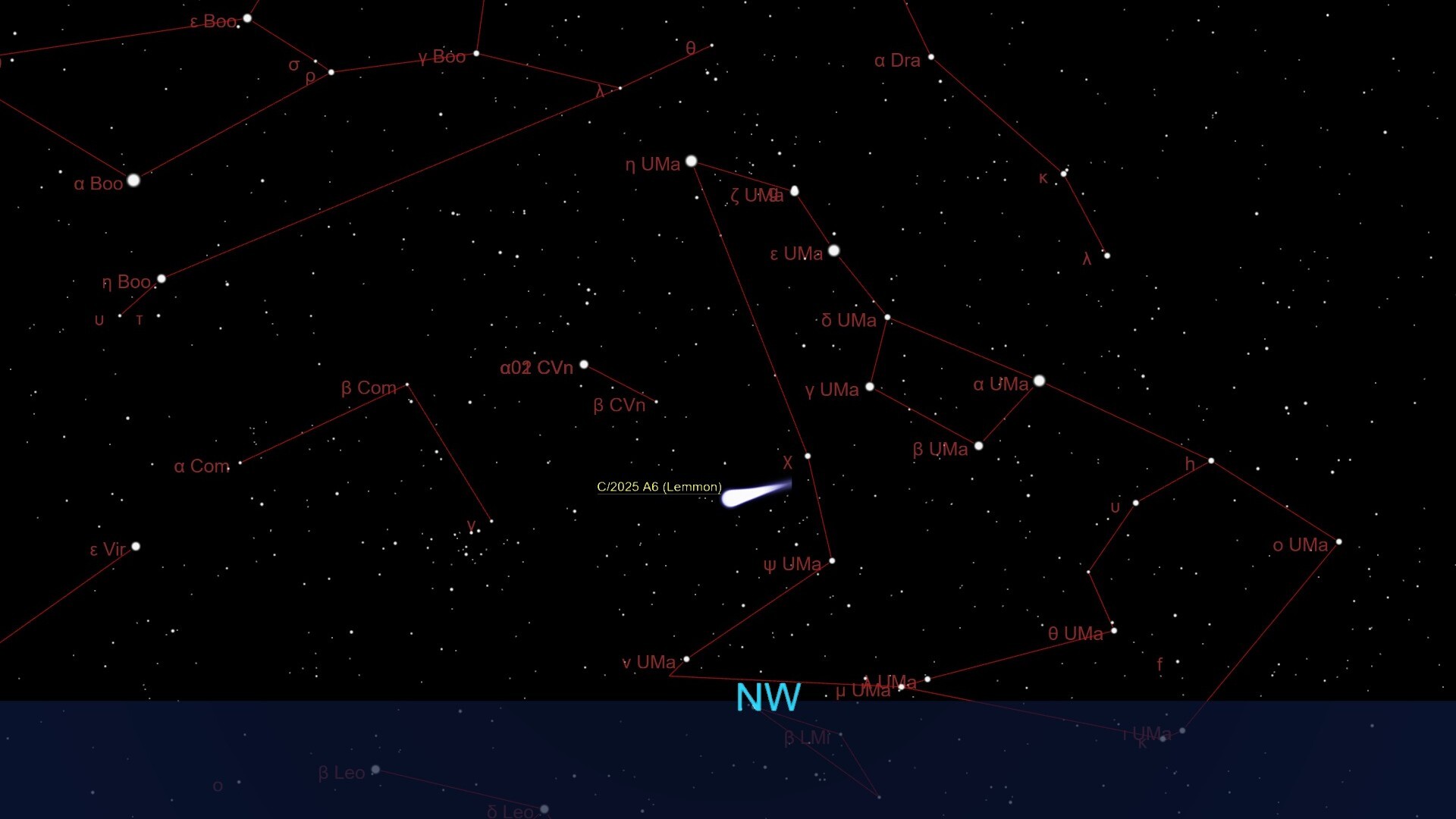 A labeled star map showing the comet Lemmon streaking across the night sky