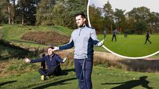 golfers waiting on a tee box with an inset of a four-ball playing slowly on the green