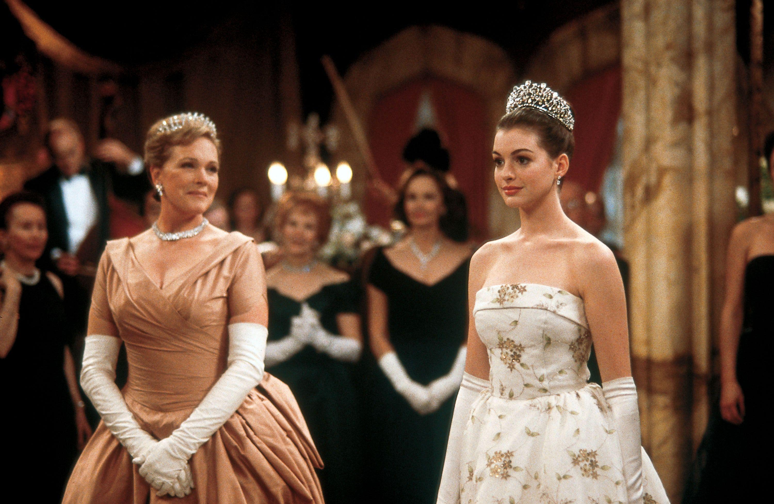 julie andrews and anne hathaway in formal dresses at a ball in the movie the princess diaries