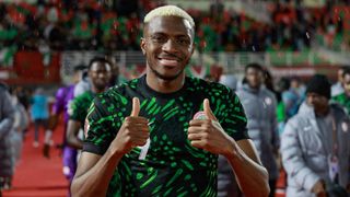 Nigeria's forward #09 Victor Osimhen celebrates after the Africa Cup of Nations (CAN) Group C football match between Nigeria and Tunisia at Fez Stadium in Fez on December 27, 2025. 