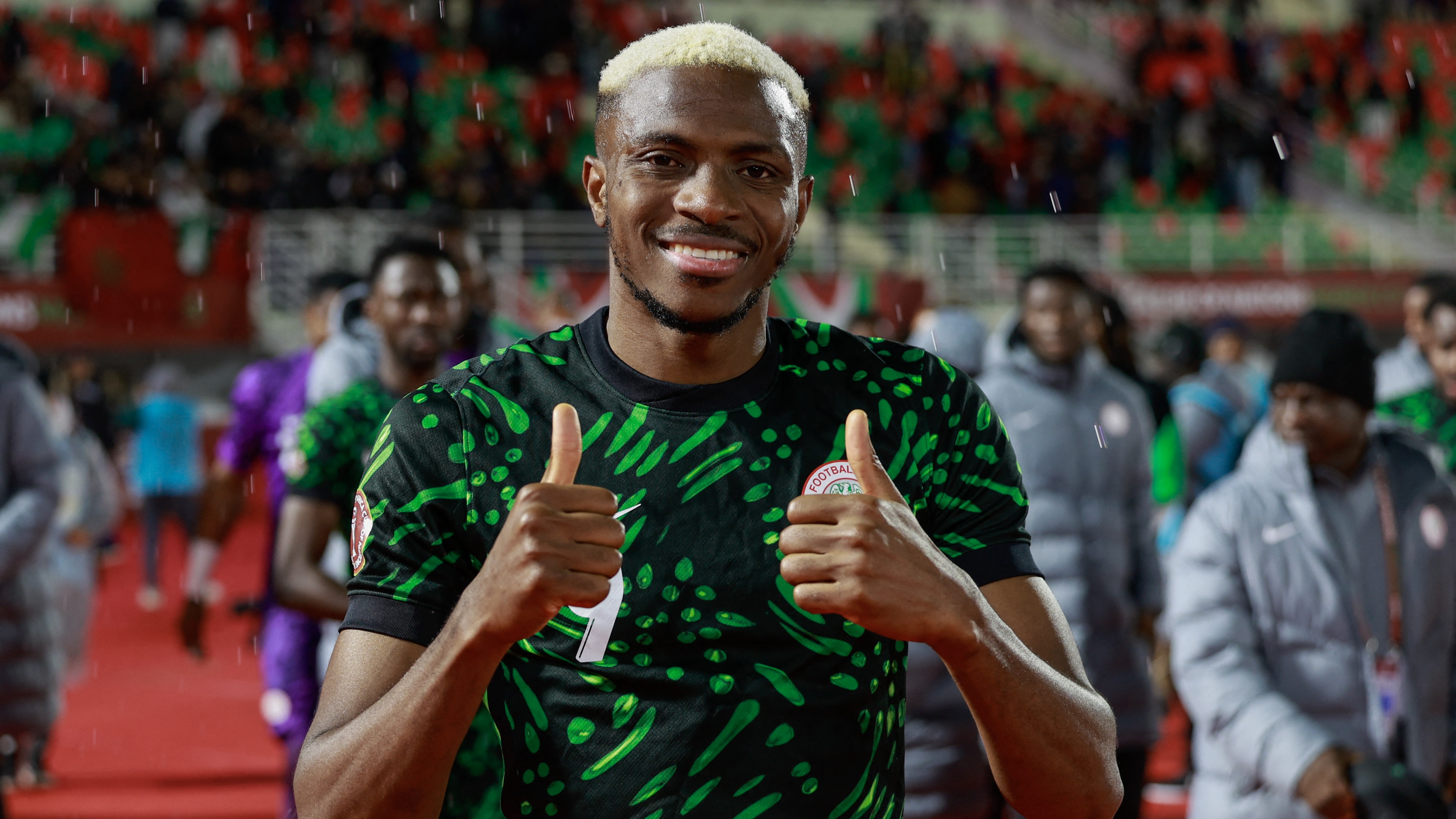 Nigeria's forward #09 Victor Osimhen celebrates after the Africa Cup of Nations (CAN) Group C football match between Nigeria and Tunisia at Fez Stadium in Fez on December 27, 2025. 