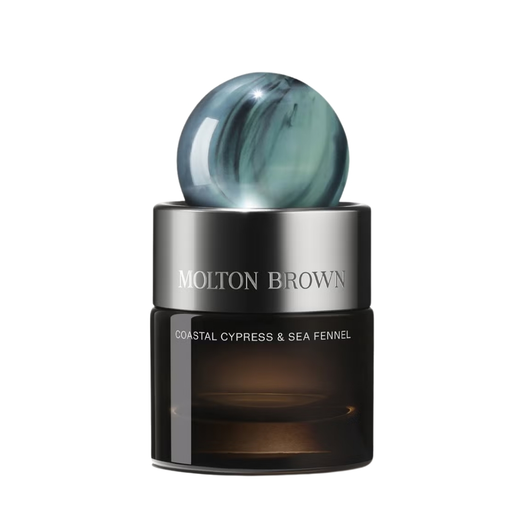 A product shot of the Molton Brown Coastal Cypress &amp;amp; Sea Fennel Eau De Parfum, on a white background
