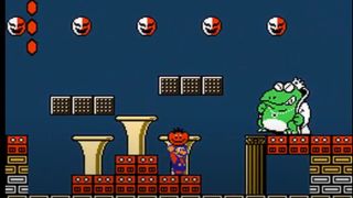 Mario getting to hit Wart with a red pumpkin in Super Mario Bros. 2