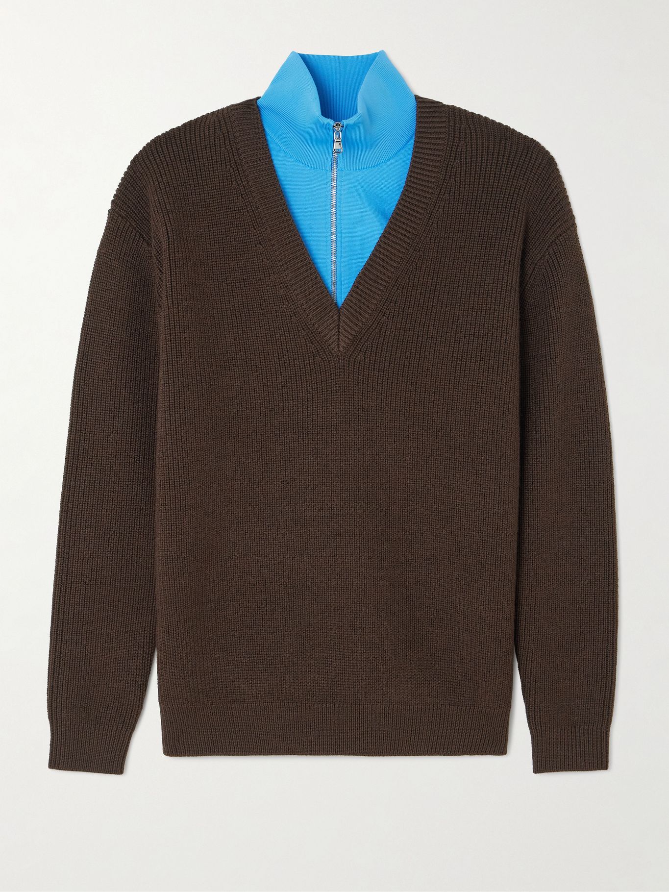 tibi Layered knit-trimmed ribbed wool-blend half-zip sweater