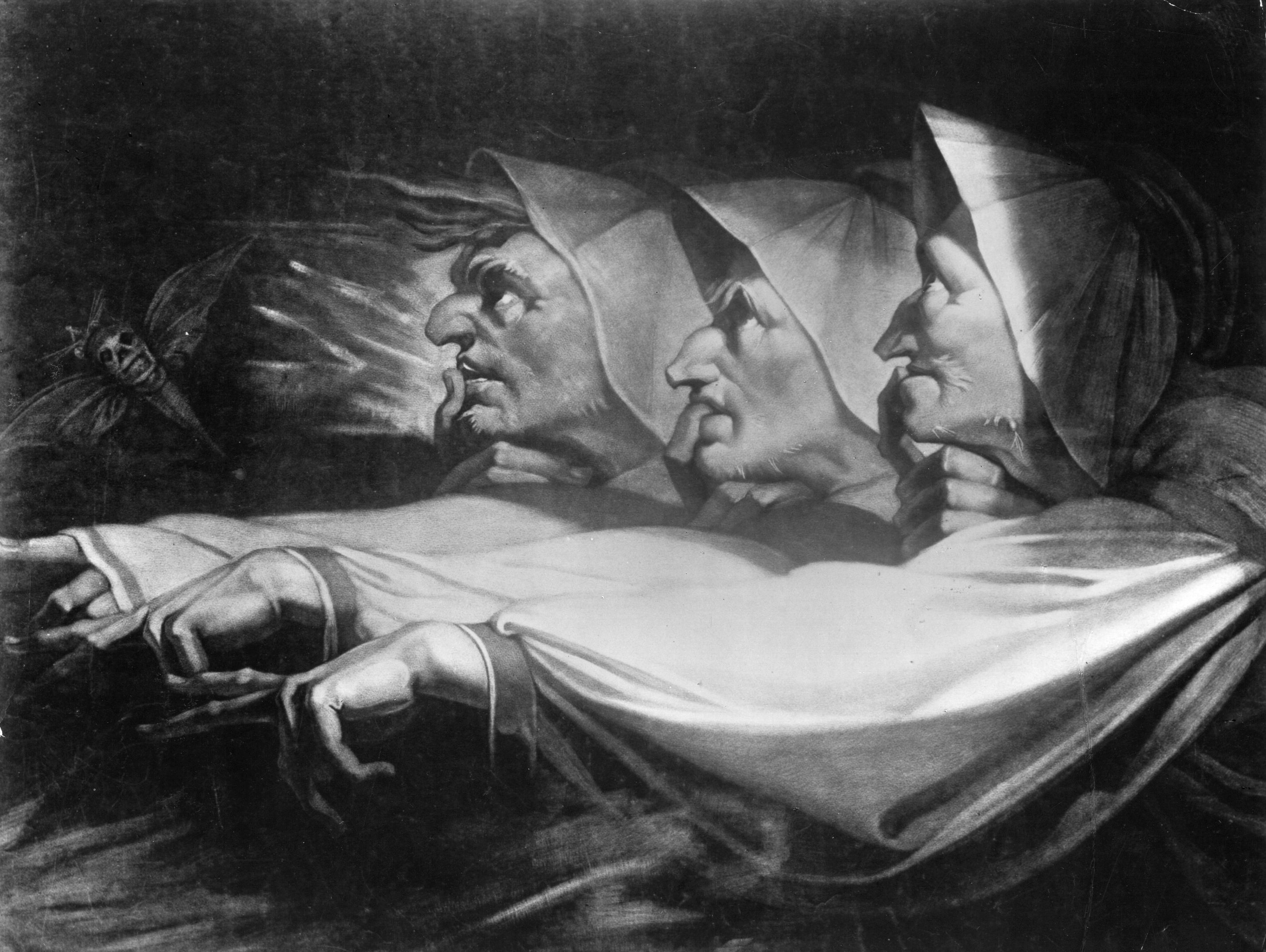 'Three Weird Sisters' illustration depicting the witches from Shakespeare's play 'Macbeth'