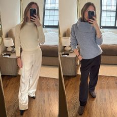 A collage of nikki wearing Leset pants