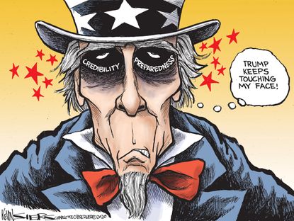 Political Cartoon U.S. Trump Uncle Sam Coronavirus face touching preparation credibility