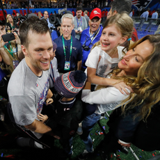 Tom Brady #12 of the New England Patriots celebrates with wife Gisele Bundchen and children Vivian and Benjamin after Super Bowl LIII at Mercedes-Benz Stadium on February 3, 2019 in Atlanta, Georgia. The New England Patriots defeat the Los Angeles Rams 13-3.