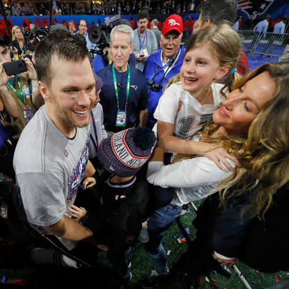 Tom Brady #12 of the New England Patriots celebrates with wife Gisele Bundchen and children Vivian and Benjamin after Super Bowl LIII at Mercedes-Benz Stadium on February 3, 2019 in Atlanta, Georgia. The New England Patriots defeat the Los Angeles Rams 13-3.