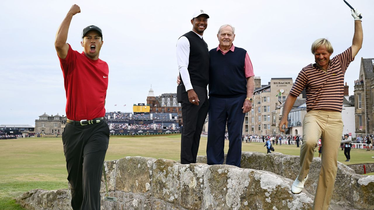 Jack Nicklaus and Tiger Woods standing together at St. Andrews, with images of their younger-selves celebrating next to them