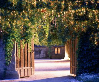 An entrance / gateway adorned with dramatic icicle fairy lights on a frosty evening