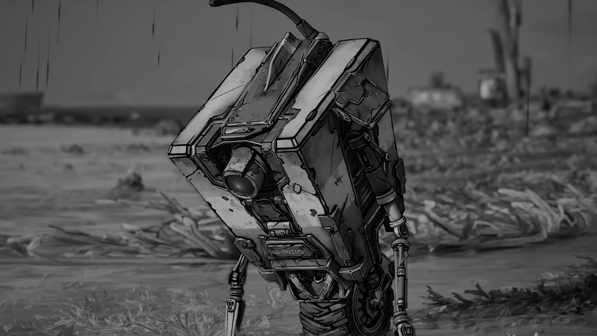 A sad Claptrap from Borderlands 4 in black and white