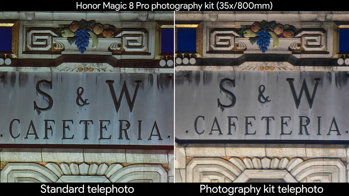 Low light shots comparing the Honor Magic 8 Pro's built-in telephoto lens with the official photography kit's telephoto extender