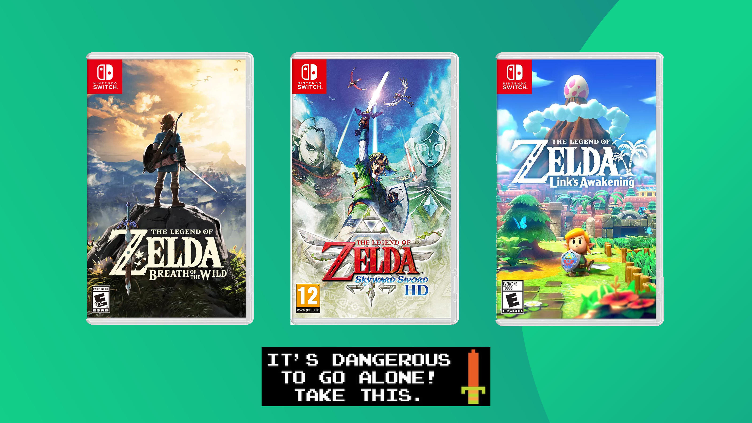 A product shot of varying Zelda games on a colourful background