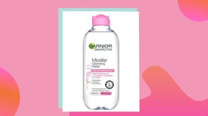 Garnier Micellar Water in a white square on pink background