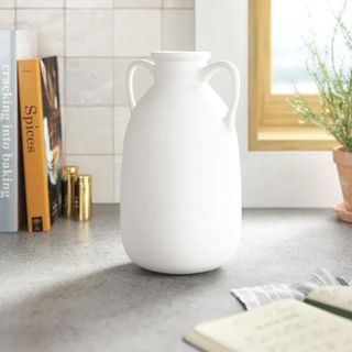 A white vase with handles on a kitchen counter