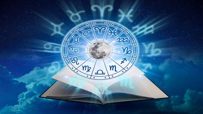 Zodiac signs inside of horoscope circle. Astrology in the sky with many stars and moons astrology and horoscopes concept - stock photo.