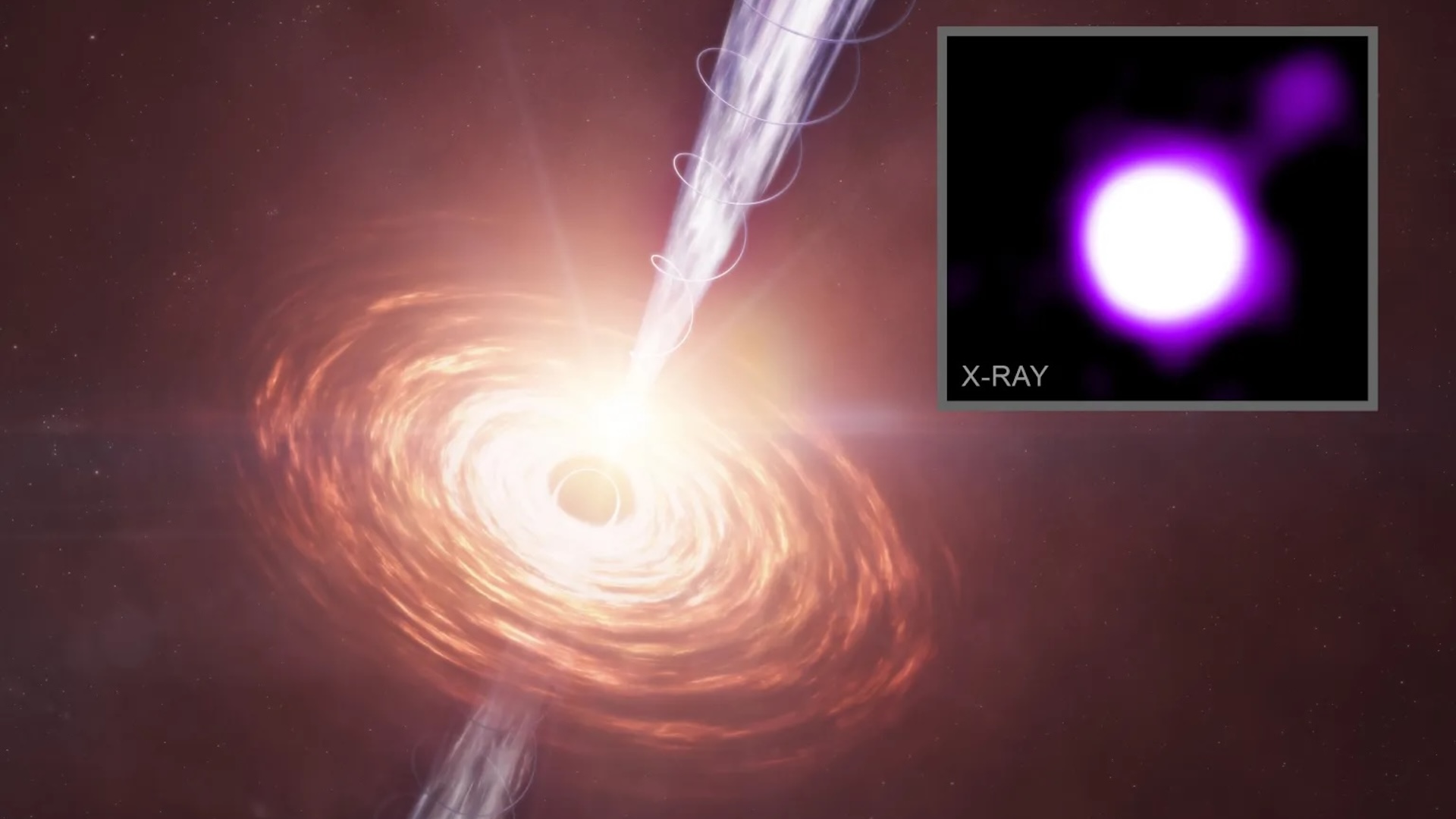 an illustration of a black hole releasing a jet of energy, with an inset of an X-ray image of a purple glowing circular shape