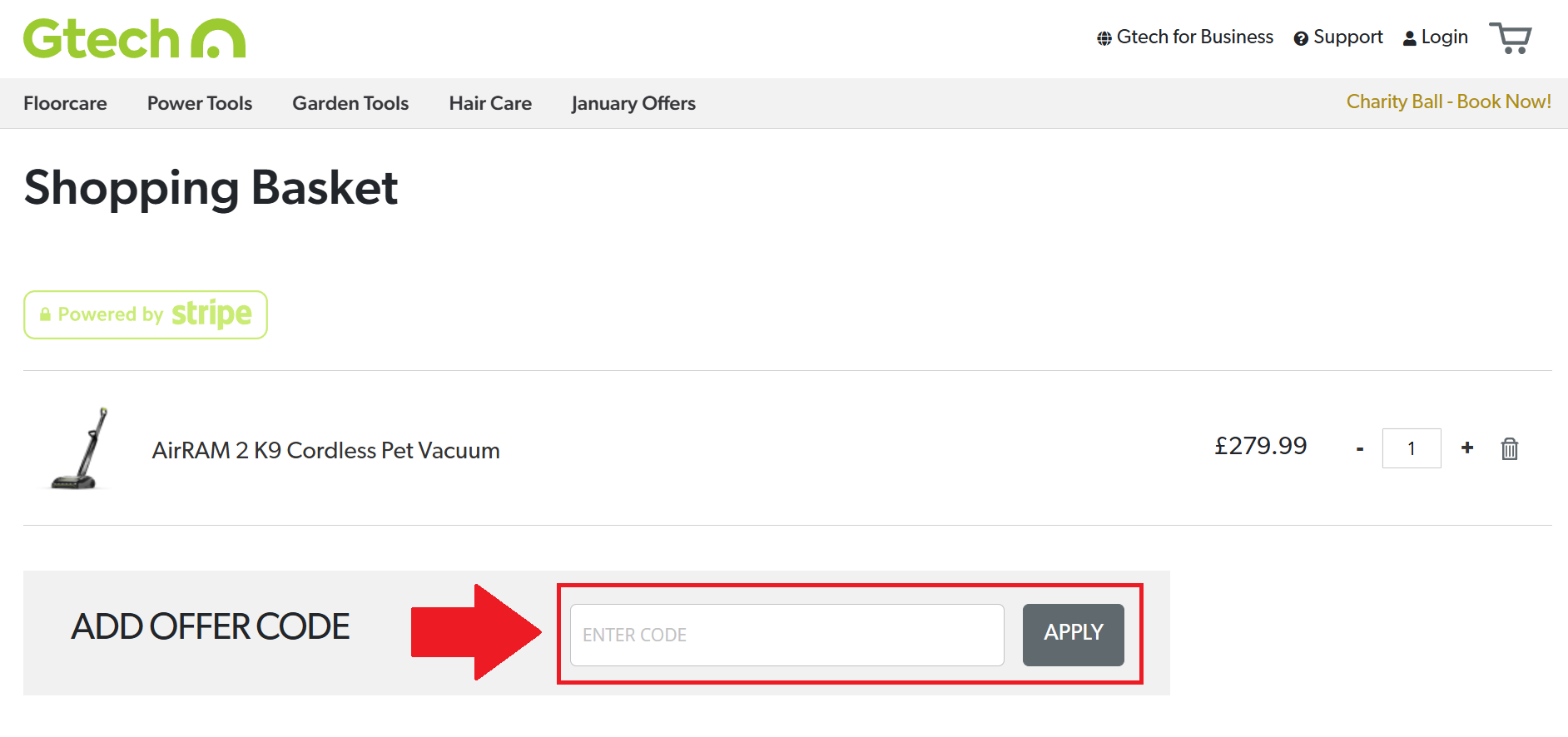 A screenshot of the Gtech checkout page showing where to enter a gtech discount code