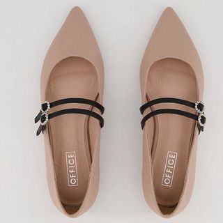 comfortable flats for the office beige toned, pointed toe and two black straps
