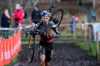 Belgian Wout Van Aert pictured in action during the mens elite race of the 56th edition of the Robotland Cyclocross Essen in the Ethias Cross cyclocross competition Saturday 11 December 2021 in Essen BELGA PHOTO KRISTOF VAN ACCOM Photo by KRISTOF VAN ACCOMBELGA MAGAFP via Getty Images