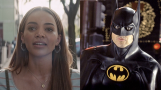 Leslie Grace and Michael Keaton side by side