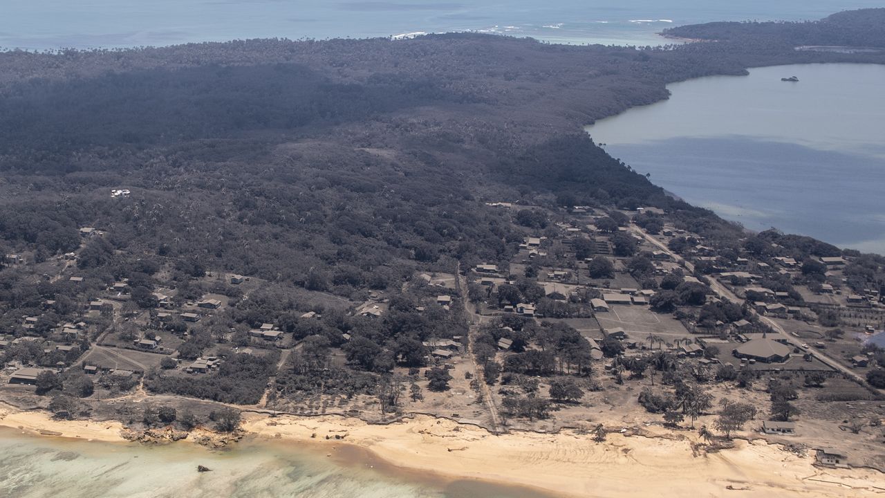 Aerial footage provided by the New Zealand Defence Force shows heavy ash across Tonga